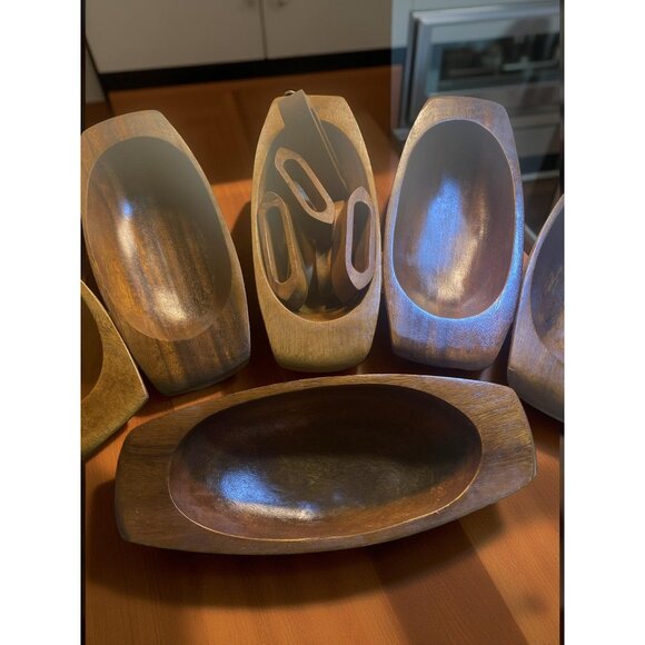 Vintage 6 Wooden Salad Bowl Set with 6 Napkin Rings Midcentury Oblong Bowls - Picture 5 of 11
